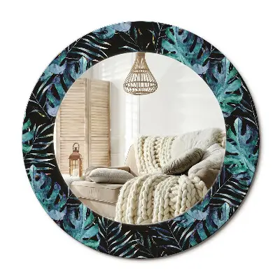 Miroir rond cadre imprimé feuilles exotiques
