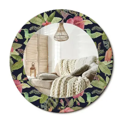 Miroir rond cadre imprimé fleurs d'hibiscus