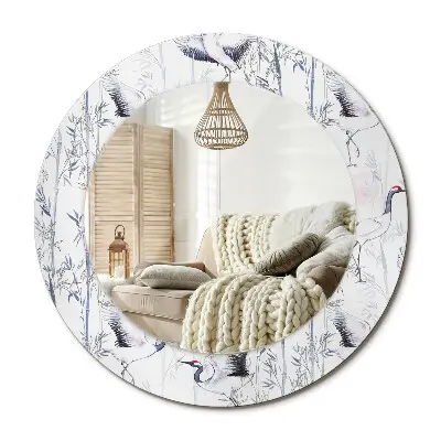 Miroir rond cadre avec impression grues