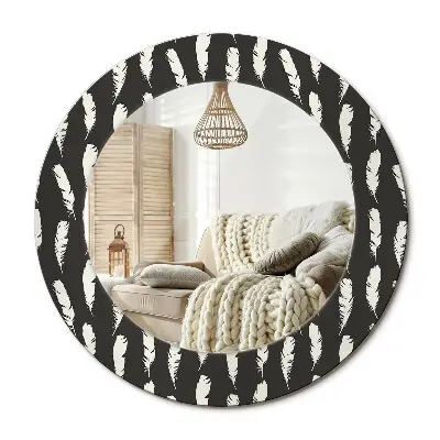 Miroir rond cadre avec impression plumes noires et blanches
