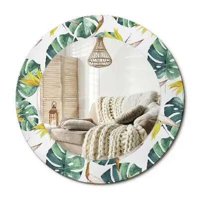 Miroir rond avec décoration feuilles tropicales