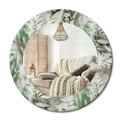 Miroir rond cadre avec impression Feuilles aquarelles