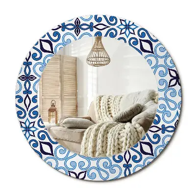Miroir rond cadre avec impression Motif arabe bleu