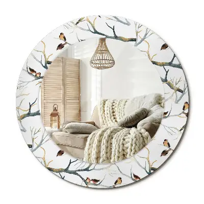 Miroir rond cadre imprimé moineaux oiseaux branches