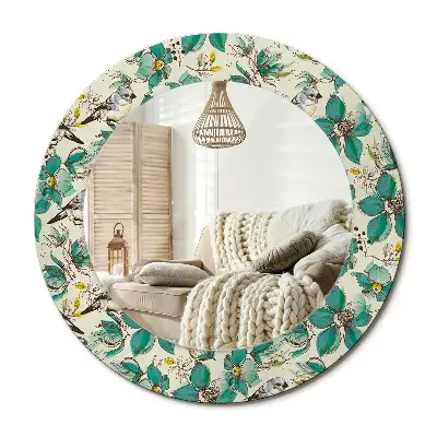 Miroir rond cadre imprimé Fleurs et oiseaux