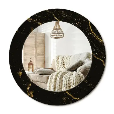Miroir rond cadre imprimé marbre noir