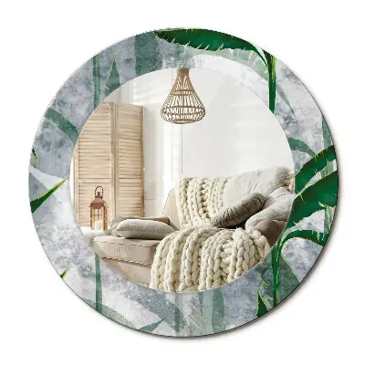 Miroir rond cadre avec impression feuilles tropicales