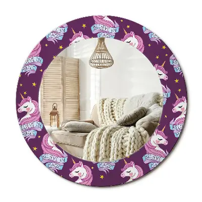 Miroir rond cadre avec impression Licorne étoilée