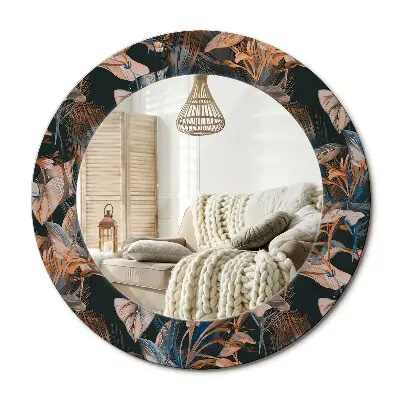 Miroir rond cadre avec impression feuilles tropicales sombres