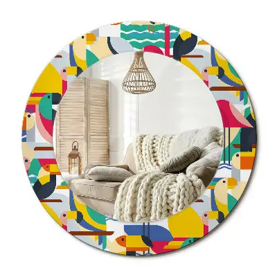 Miroir rond avec décoration oiseaux tropicaux géométriques