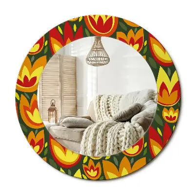 Miroir rond cadre avec impression Tulipes rétro