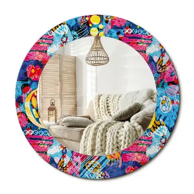 Miroir rond cadre avec impression Gribouillages colorés