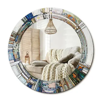 Miroir rond cadre avec impression Vitrail