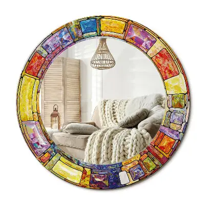 Miroir rond cadre avec impression vitraux colorés
