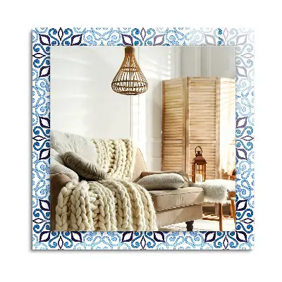 Miroir rectangulaire à cadre imprimé avec un motif ornemental bleu