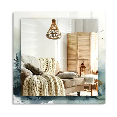Miroir rectangulaire avec cadre et impression « Forêt dans le brouillard »