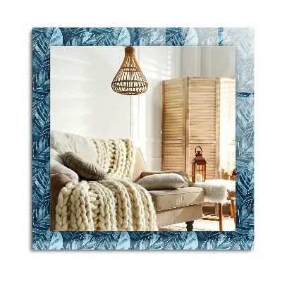 Miroir rectangulaire imprimé avec un motif de feuilles bleues