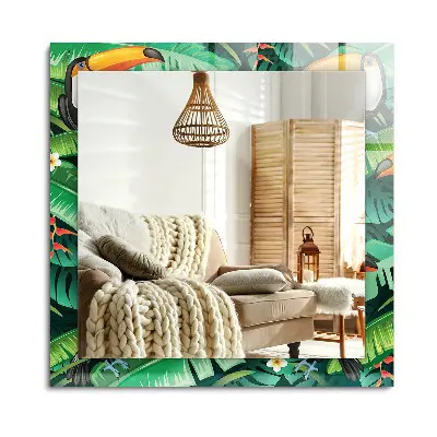 Miroir rectangulaire avec cadre imprimé de toucans et de feuilles de jungle