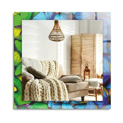 Miroir rectangulaire avec cadre et impression de papillons bleus et verts