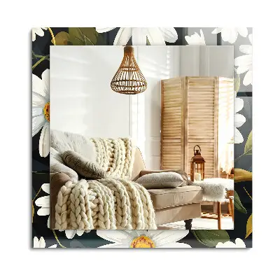 Miroir rectangulaire avec cadre imprimé de feuilles et de marguerites blanches