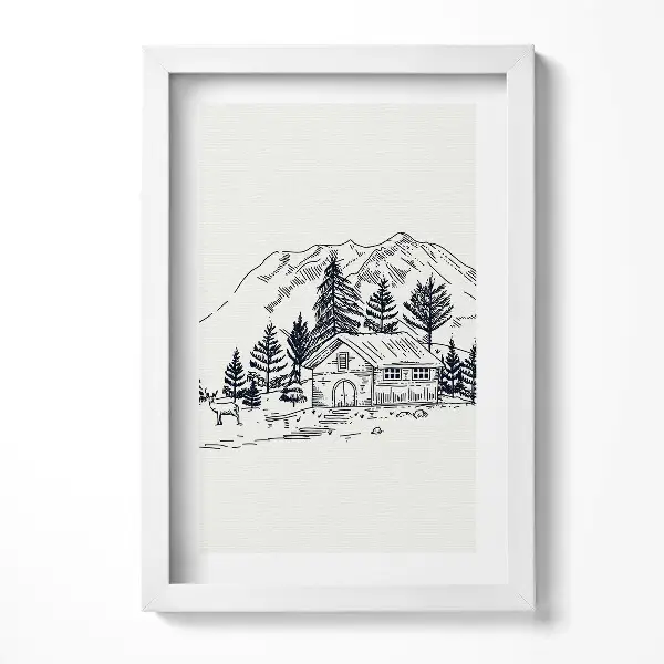 Tableau avec cadre Dessin d'un chalet à la montagne
