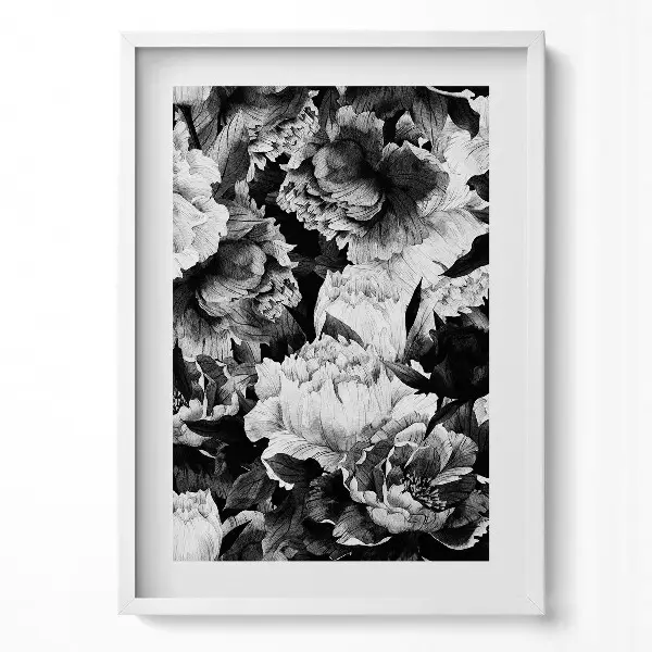 Tableau avec cadre pivoines noires et blanches