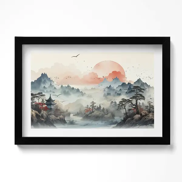 Tableau decoration avec cadre paysage de forêt de montagne de style japonais