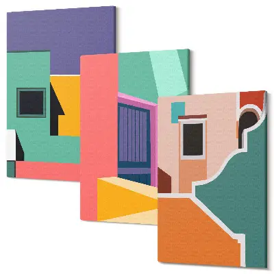 Tableau en triptyque présentant des illustrations colorées de la ville dans un style moderne