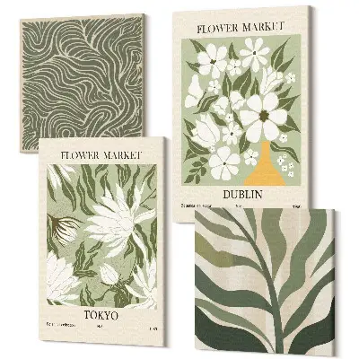 Tableau en quatre parties avec motifs végétaux de style bohème