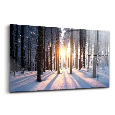 Tableau photo sur verre « Forêt au coucher du soleil » en version hiver