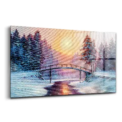 Tableau sur verre représentant un sapin de Noël peint sur un pont enneigé