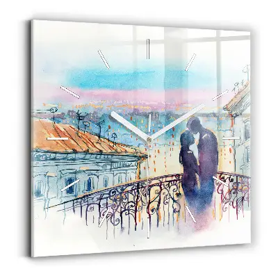 Pendule carrée en verre avec personnages peints à l’aquarelle